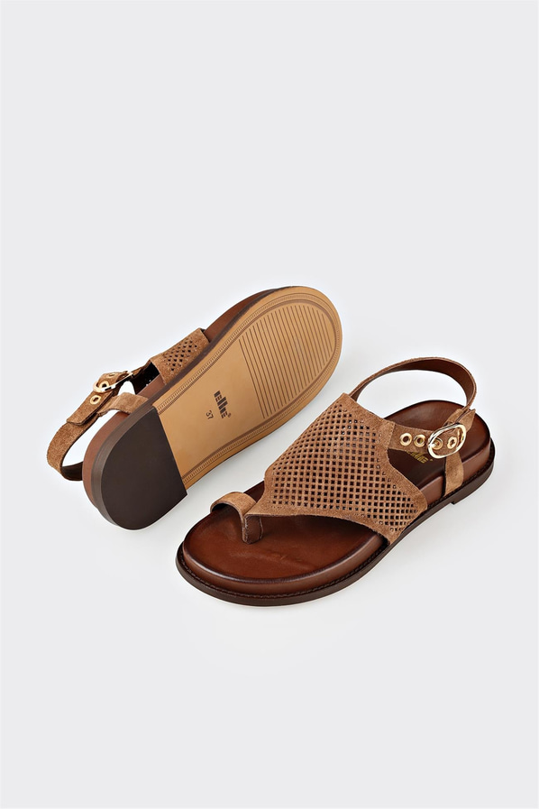 Taba deri yumuşak dokulu kadın sandalet - Elle Shoes