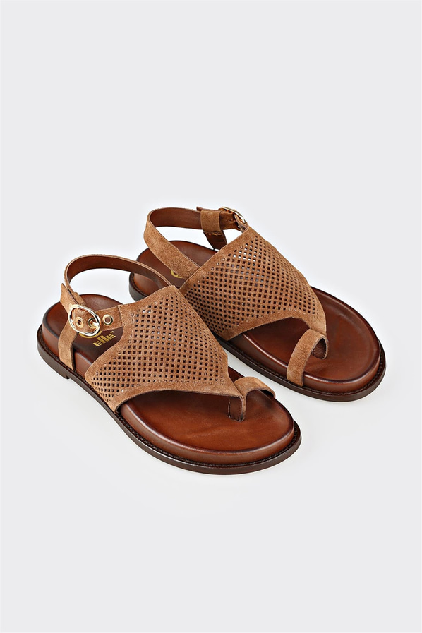 Taba deri yumuşak dokulu kadın sandalet - Elle Shoes