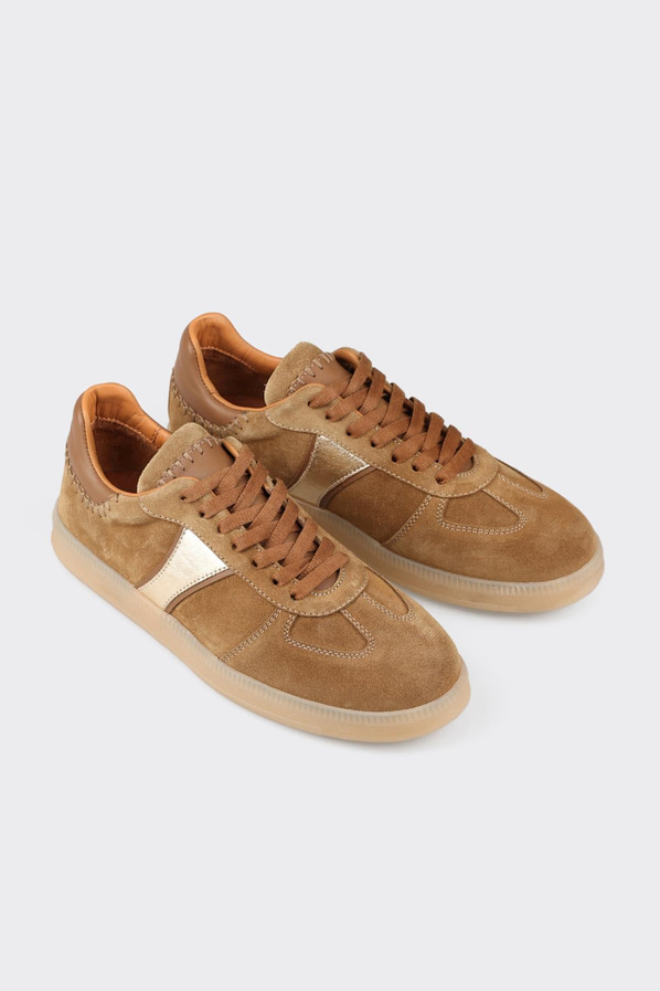 Taba deri ve süet hasır dokulu kadın sneaker, rahat kullanım için - Elle Shoes