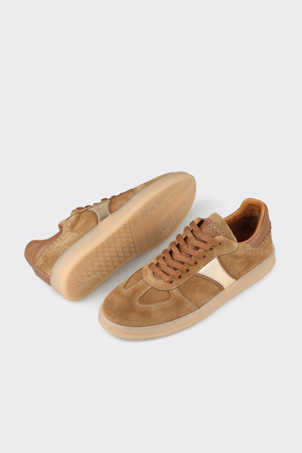 Taba deri ve süet hasır dokulu kadın sneaker, rahat kullanım için - Elle Shoes