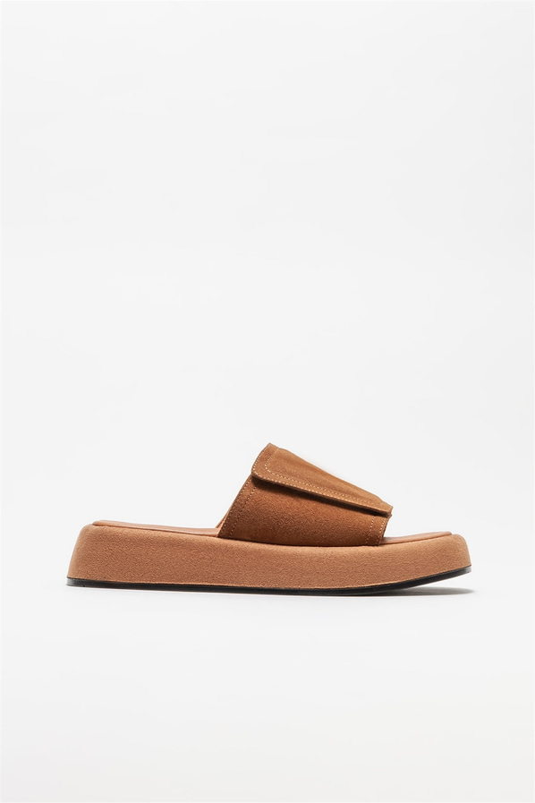 Taba deri kadın düz terlik - Elle Shoes
