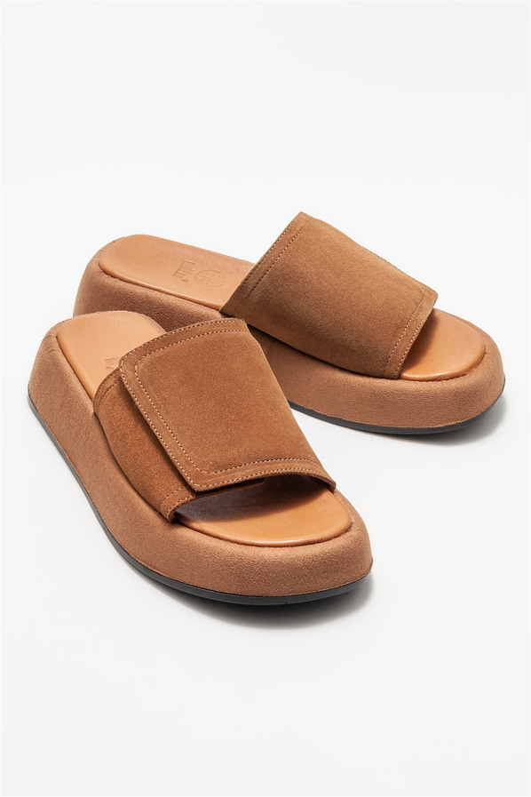 Taba deri kadın düz terlik - Elle Shoes