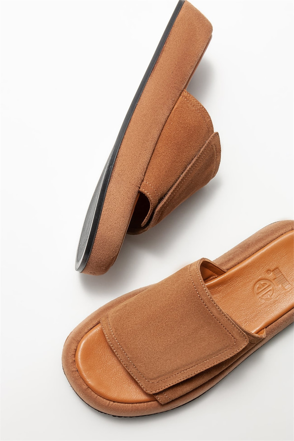 Taba deri kadın düz terlik - Elle Shoes