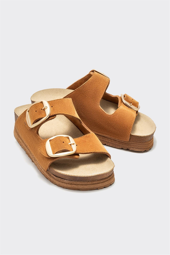 Taba deri simli kadın düz terlik, rahat kullanım için - Elle Shoes