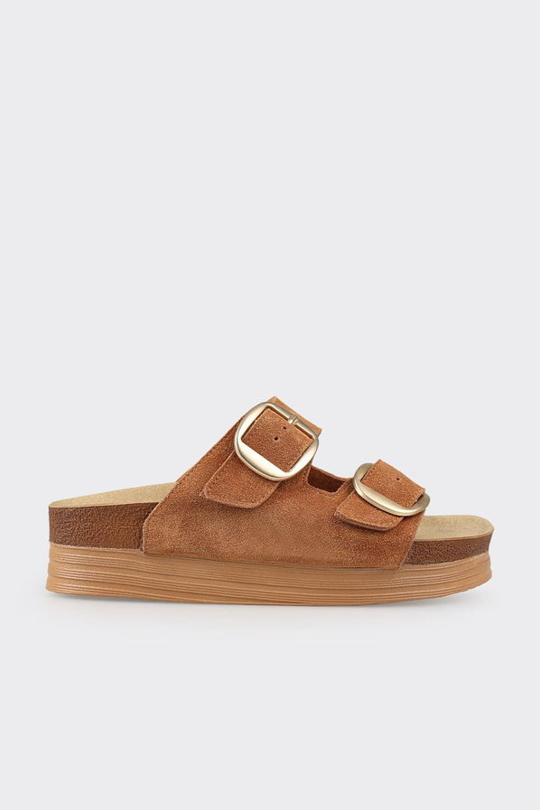 Taba deri simli kadın düz terlik, rahat kullanım için - Elle Shoes