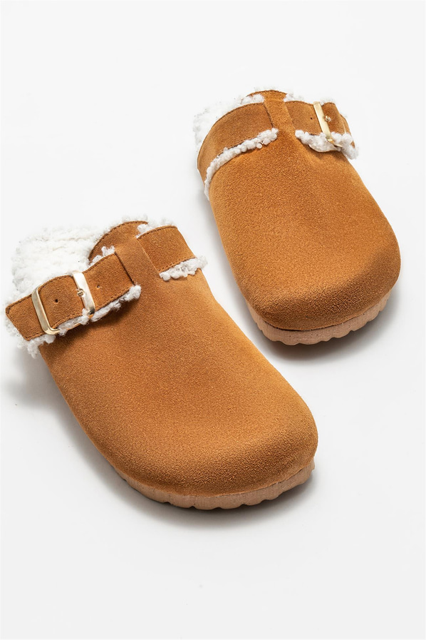 Taba deri kadın düz terlik - Elle Shoes