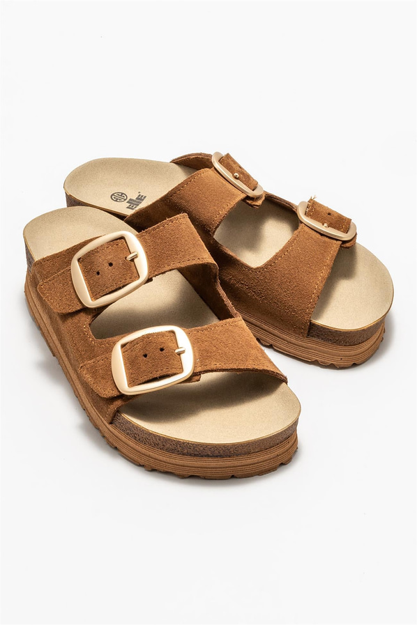 Taba deri simli kadın düz terlik, rahat kullanım için - Elle Shoes