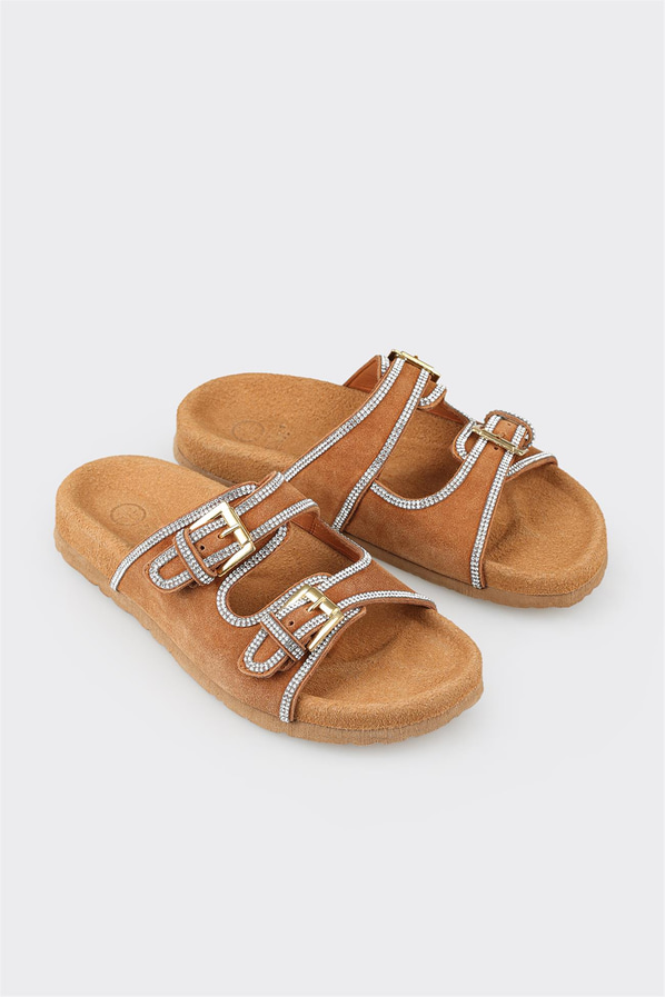 Taba deri kadın düz terlik, rahat kullanım için - Elle Shoes