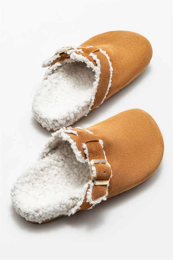 Taba deri kadın düz terlik - Elle Shoes