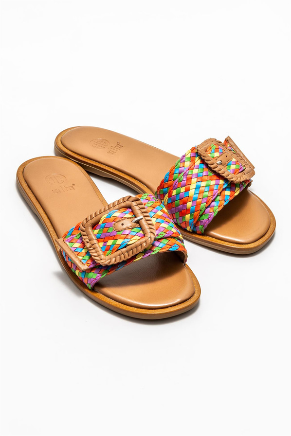 Taba deri kadın düz terlik - Elle Shoes