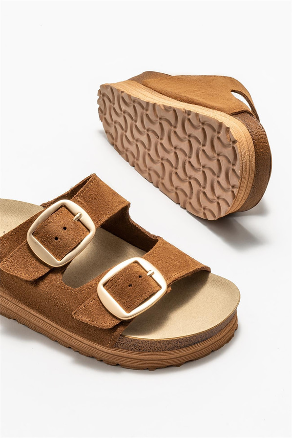 Taba deri simli kadın düz terlik, rahat kullanım için - Elle Shoes