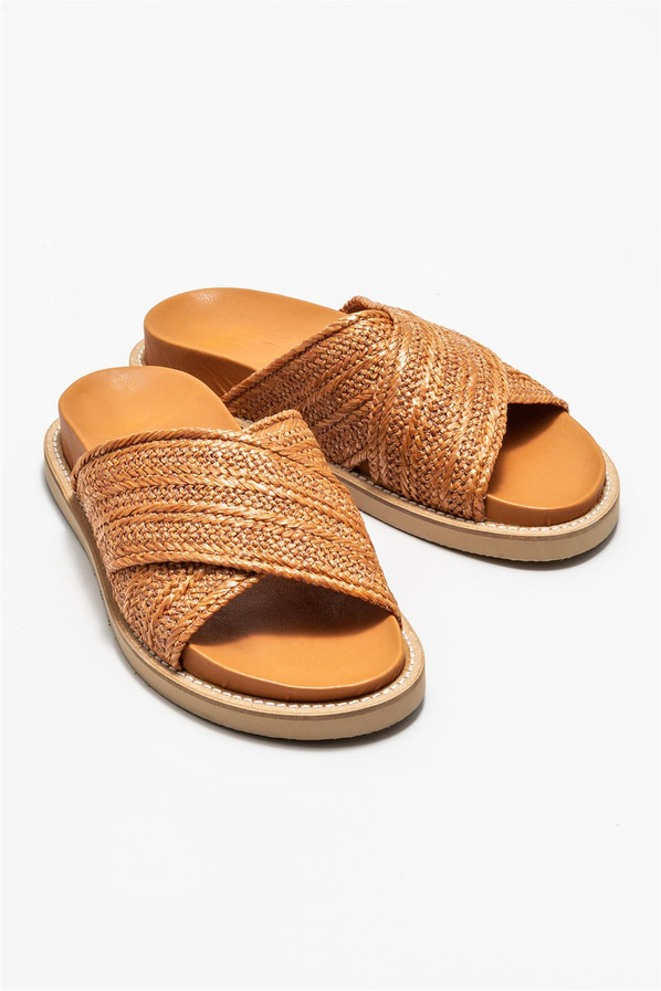 Taba deri kadın düz terlik - Elle Shoes