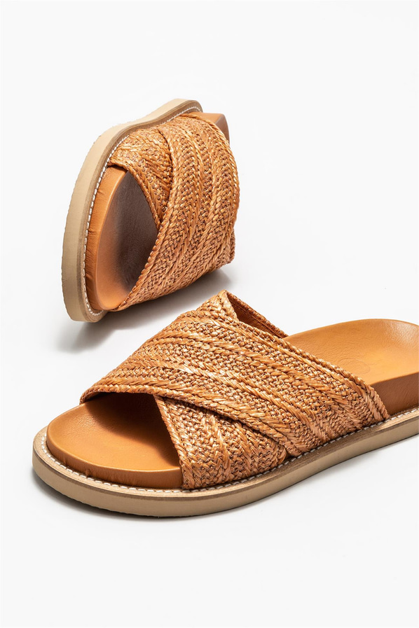 Taba deri kadın düz terlik - Elle Shoes