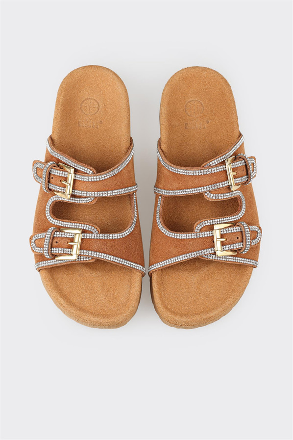 Taba deri kadın düz terlik, rahat kullanım için - Elle Shoes