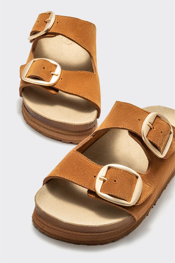 Taba deri simli kadın düz terlik, rahat kullanım için - Elle Shoes