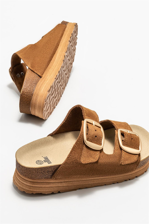 Taba deri simli kadın düz terlik, rahat kullanım için - Elle Shoes