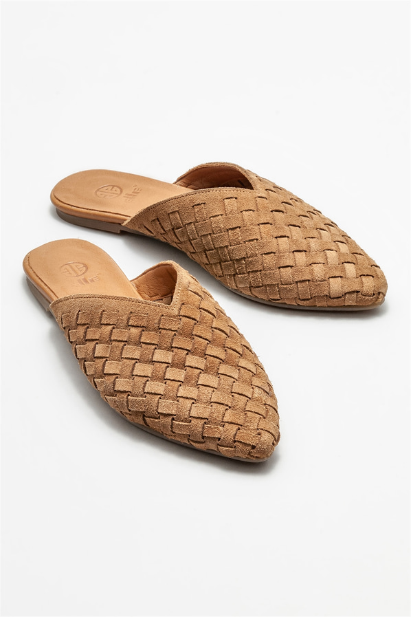 Taba deri kadın düz terlik - Elle Shoes
