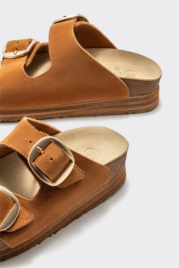 Taba deri simli kadın düz terlik, rahat kullanım için - Elle Shoes