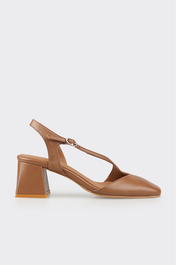 Taba deri simli topuklu kadın ayakkabı, ofis stili için - Elle Shoes