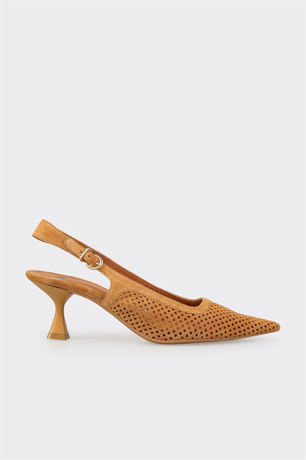 Taba deri ince topuklu kadın ayakkabı, ofis stili için - Elle Shoes
