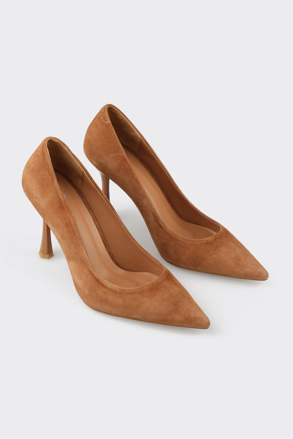 Taba kot mavisi deri ince topuklu kadın stiletto, ofis stili için - Elle Shoes