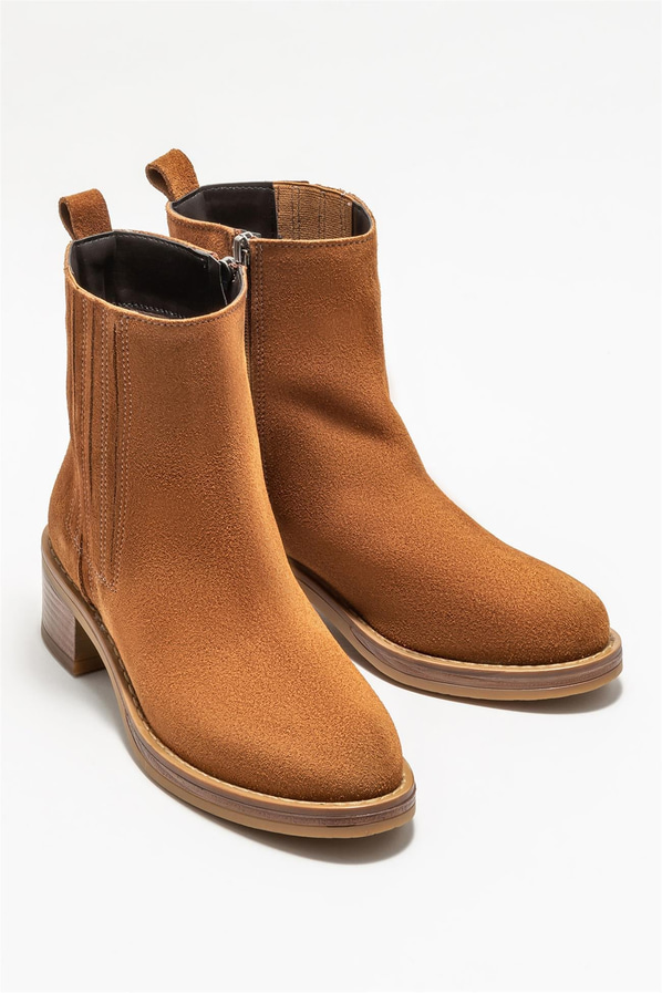 Taba deri bağcıklı topuklu kadın bot, klasik stil için - Elle Shoes