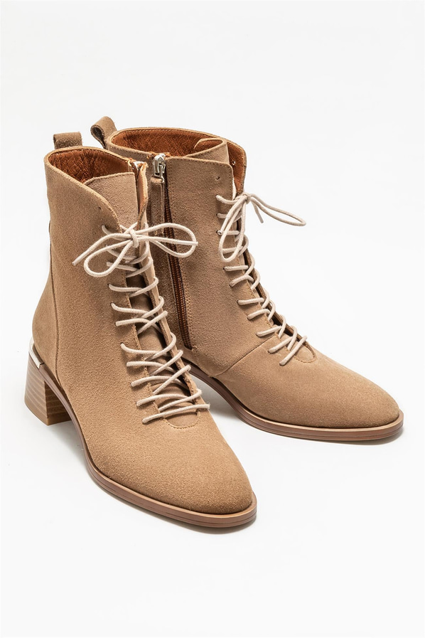 Taba deri bağcıklı kalın topuklu kadın bot, rahat kullanım için - Elle Shoes