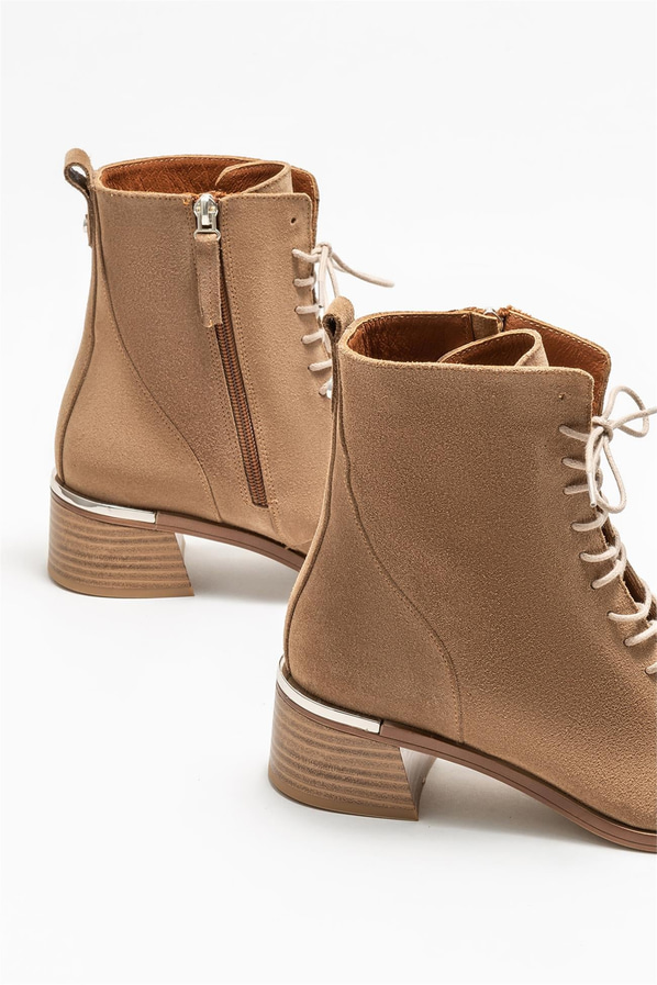 Taba deri bağcıklı kalın topuklu kadın bot, rahat kullanım için - Elle Shoes