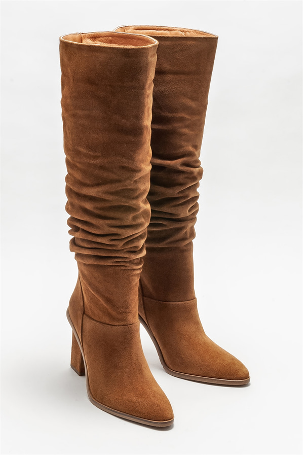 Taba deri topuklu kadın çizme - Elle Shoes