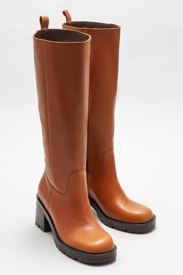 Taba deri topuklu kadın çizme - Elle Shoes