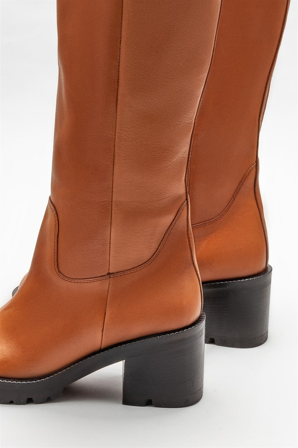 Taba deri topuklu kadın çizme - Elle Shoes