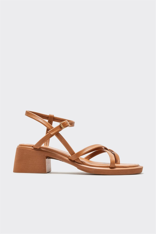 Taba deri kalın topuklu kadın sandalet, günlük kullanım için - Elle Shoes