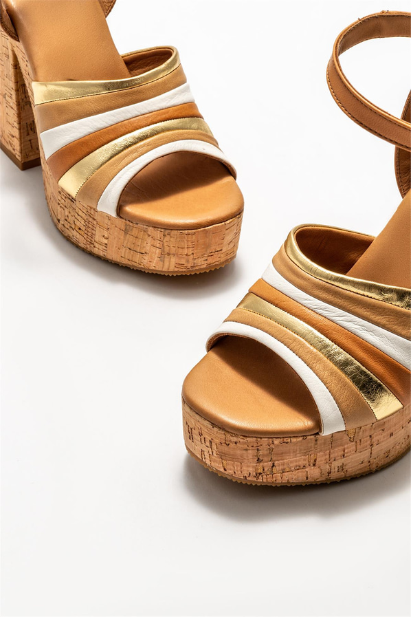 Taba deri topuklu kadın sandalet - Elle Shoes