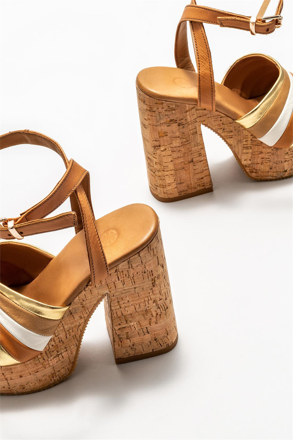 Taba deri topuklu kadın sandalet - Elle Shoes