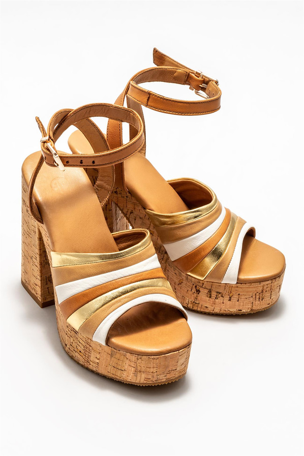 Taba deri topuklu kadın sandalet - Elle Shoes