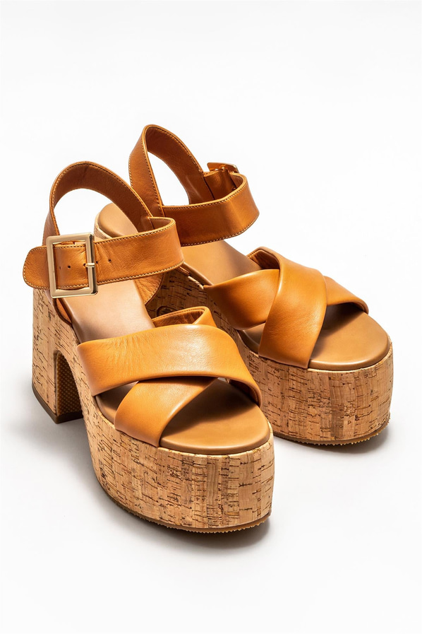 Taba deri topuklu kadın sandalet - Elle Shoes