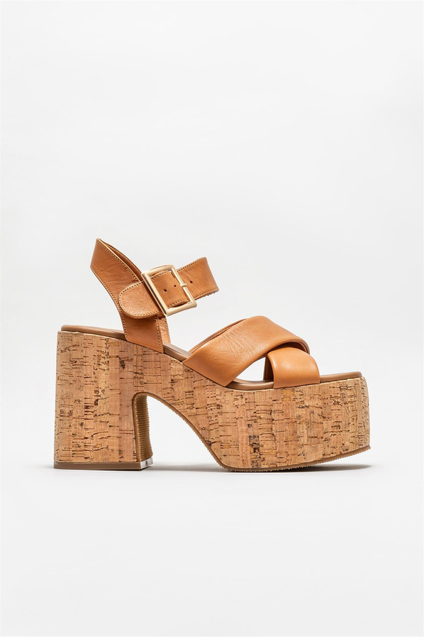 Taba deri topuklu kadın sandalet - Elle Shoes