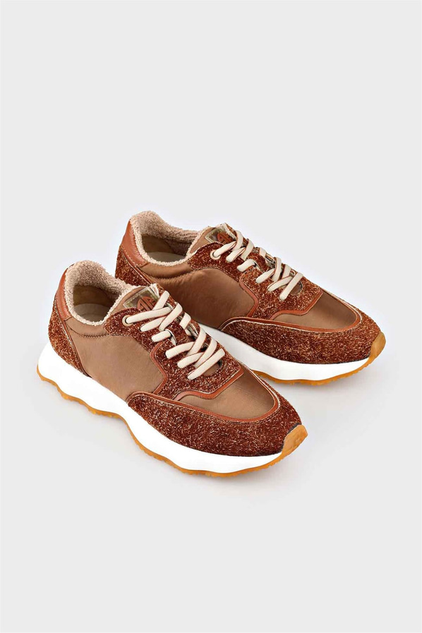Taba deri ve tekstil kadın sneaker - Elle Shoes
