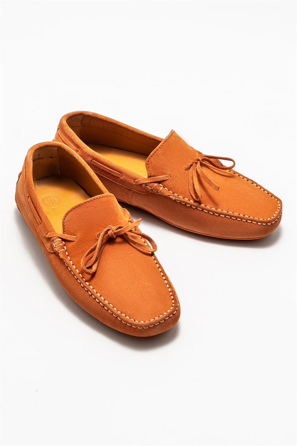 Turuncu deri erkek loafer, günlük kullanım için - Elle Shoes