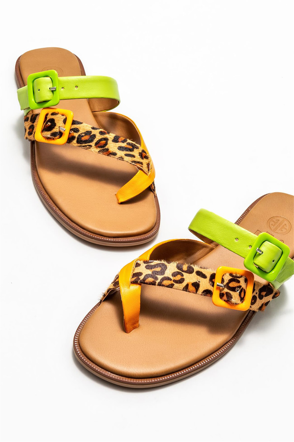 Turuncu deri düz kadın terlik - Elle Shoes