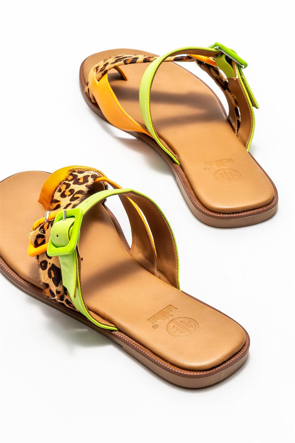 Turuncu deri düz kadın terlik - Elle Shoes