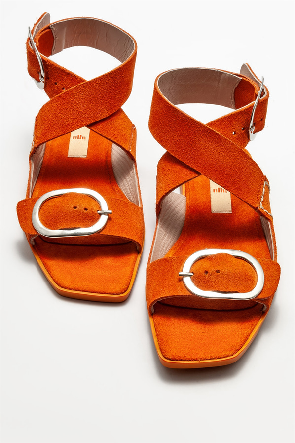 Turuncu deri düz kadın sandalet - Elle Shoes