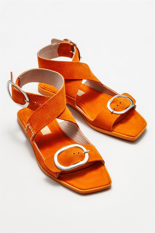 Turuncu deri düz kadın sandalet - Elle Shoes