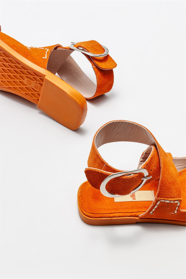 Turuncu deri düz kadın sandalet - Elle Shoes