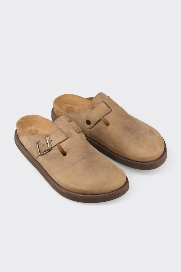 Vizon kahve deri yumuşak dokulu erkek terlik - Elle Shoes