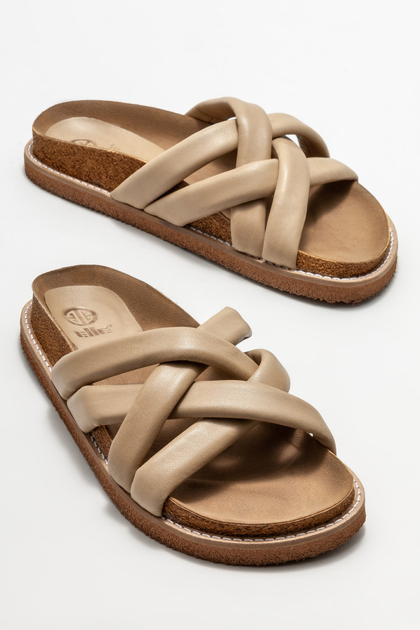 Vizon deri düz kadın terlik - Elle Shoes