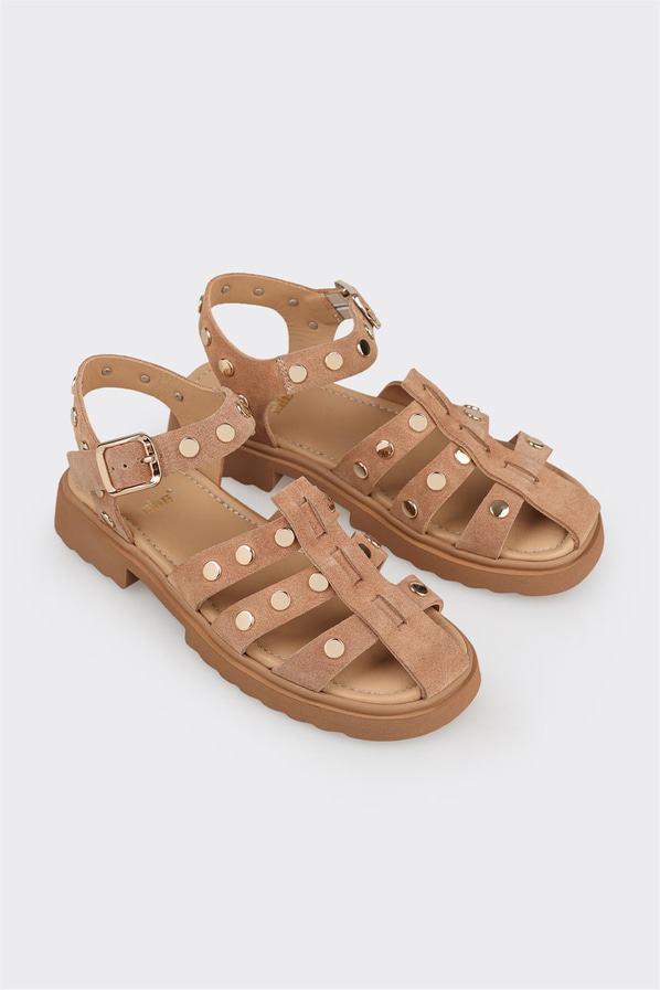 Vizon kot mavisi deri yumuşak dokulu örgü kadın düz sandalet, günlük kullanım için - Elle Shoes