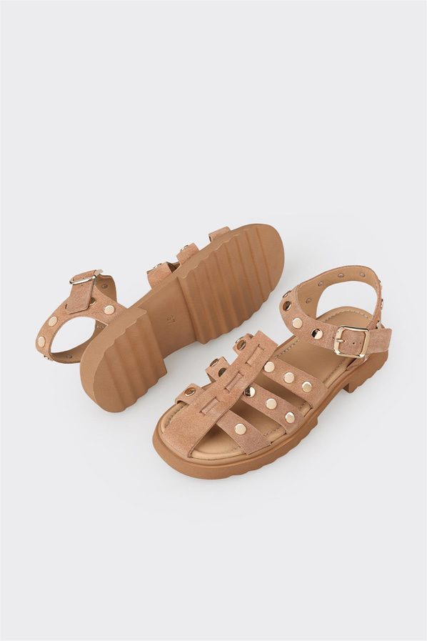 Vizon kot mavisi deri yumuşak dokulu örgü kadın düz sandalet, günlük kullanım için - Elle Shoes