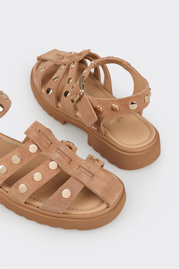 Vizon kot mavisi deri yumuşak dokulu örgü kadın düz sandalet, günlük kullanım için - Elle Shoes