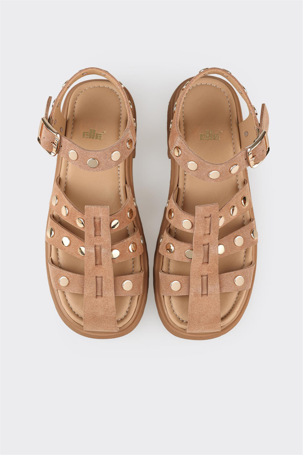 Vizon kot mavisi deri yumuşak dokulu örgü kadın düz sandalet, günlük kullanım için - Elle Shoes
